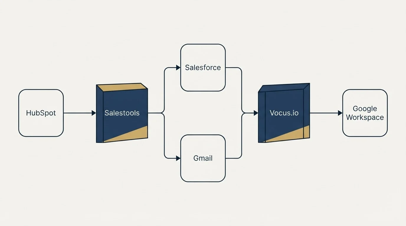 Integration flow: Integration Ecosystem (Salestools, Vocus.io, Salesforce, Gmail)