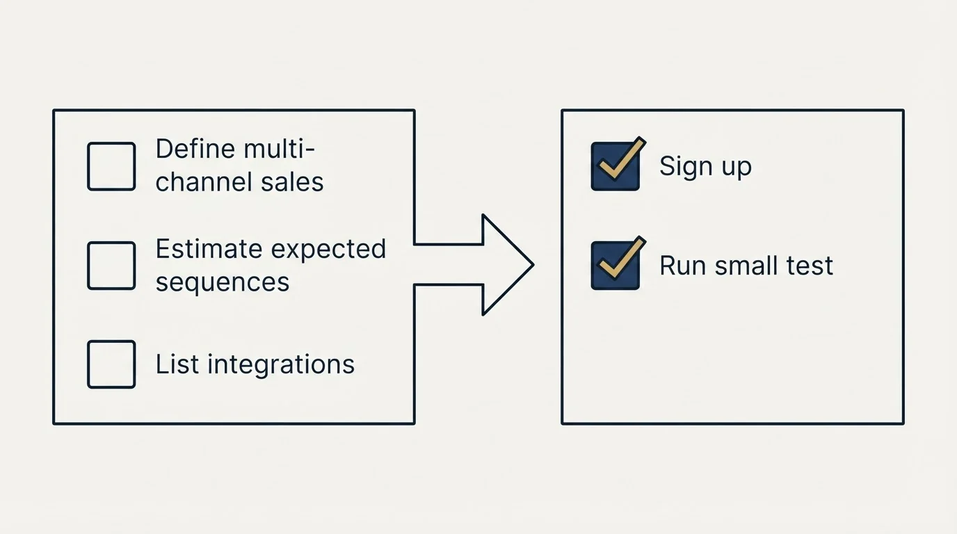 Before-and-after steps: Getting Started Checklist (Define multi-channel sales, Estimate expected sequences, List integrations, Sign up)