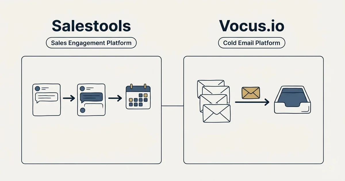 Side-by-side panels: Salestools vs Vocus.io (Sales Engagement Platform, Cold Email Platform)