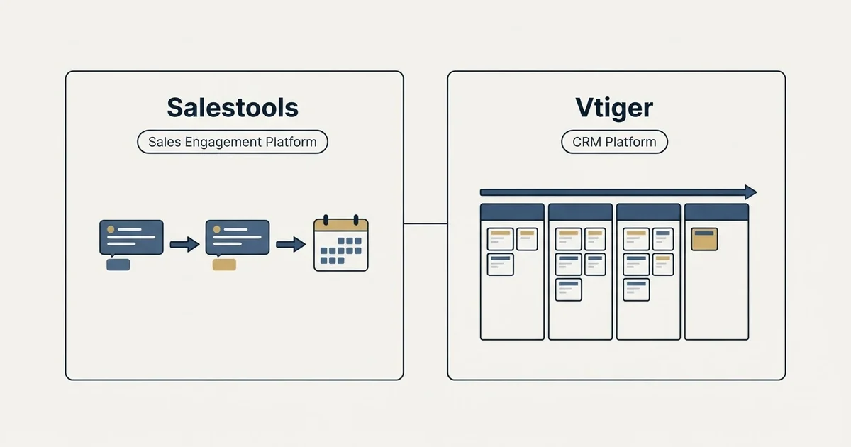 Side-by-side panels: Salestools vs Vtiger (Sales Engagement Platform, CRM Platform)