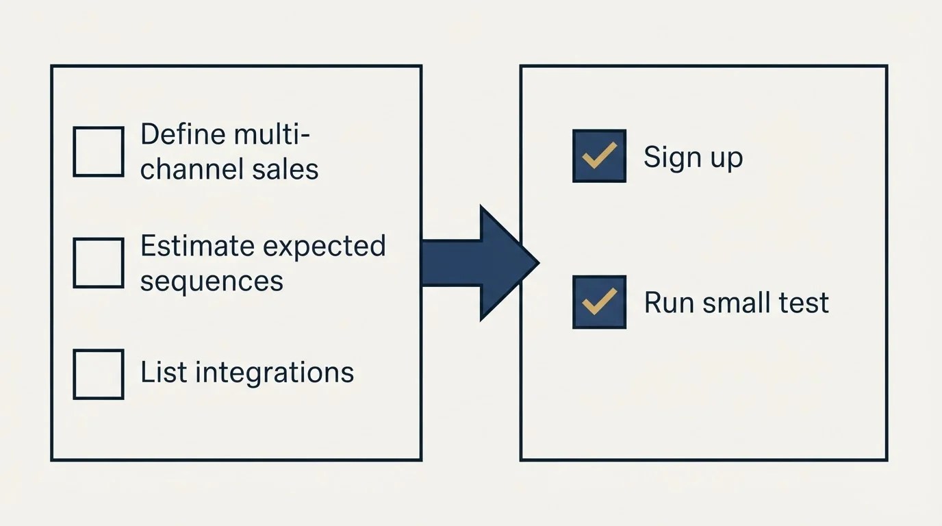 Before-and-after steps: Getting Started Checklist (Define multi-channel sales, Estimate expected sequences, List integrations, Sign up)