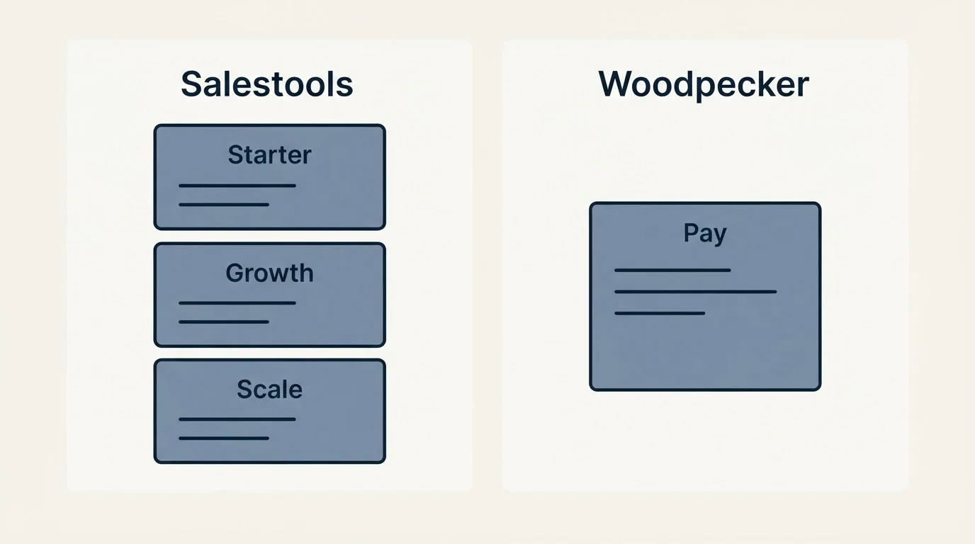 Pricing panels: Pricing Comparison (Salestools, Woodpecker, Starter, Pay)