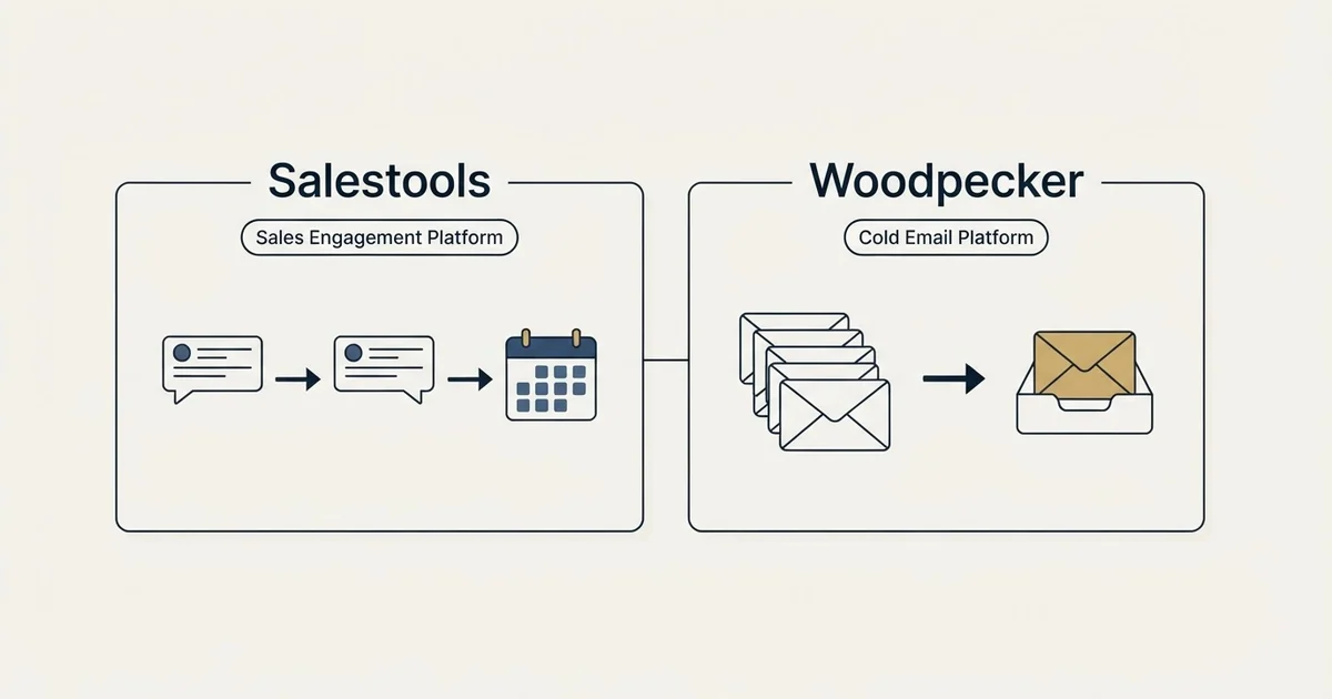 Side-by-side panels: Salestools vs Woodpecker (Sales Engagement Platform, Cold Email Platform)