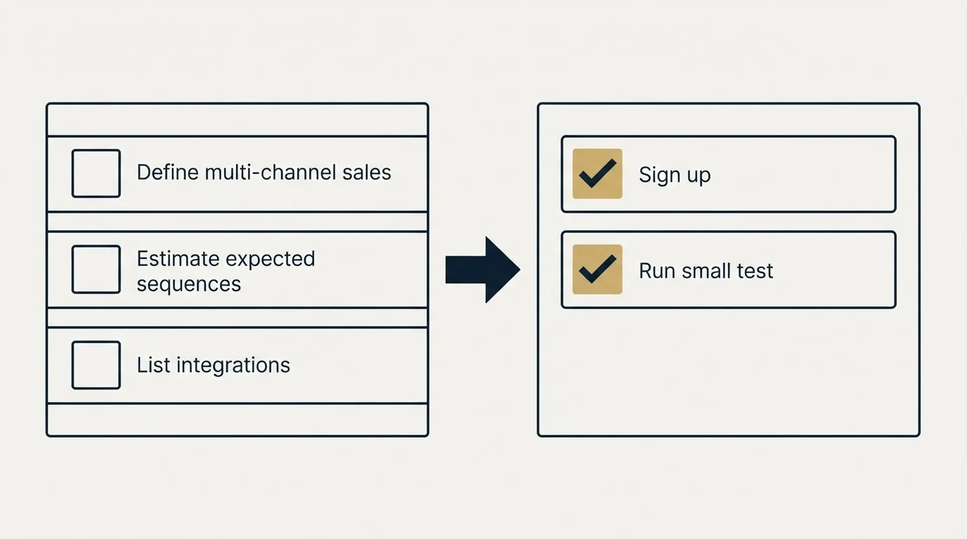 Before-and-after steps: Getting Started Checklist (Define multi-channel sales, Estimate expected sequences, List integrations, Sign up)