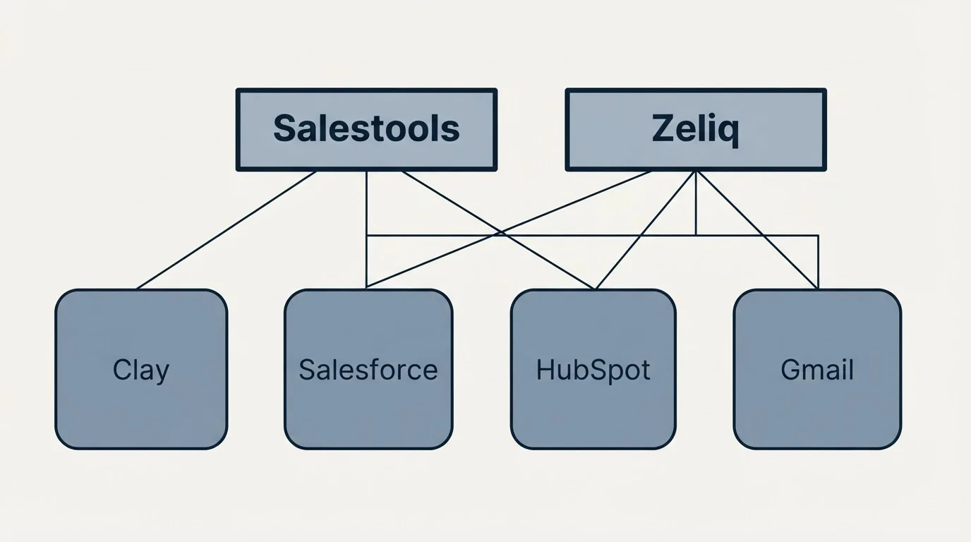 Integration grid: Integration Ecosystem (Salestools, Zeliq, Salesforce, HubSpot)