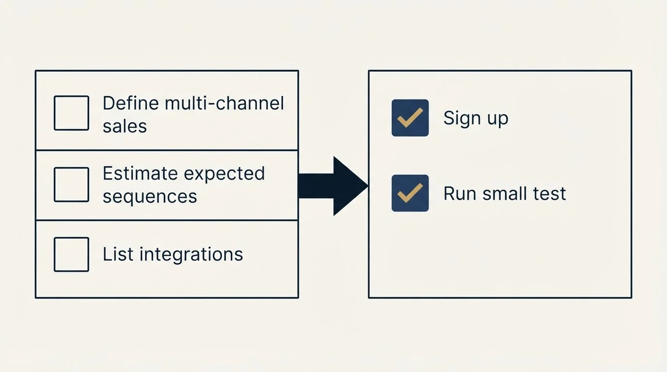 Before-and-after steps: Getting Started Checklist (Define multi-channel sales, Estimate expected sequences, List integrations, Sign up)