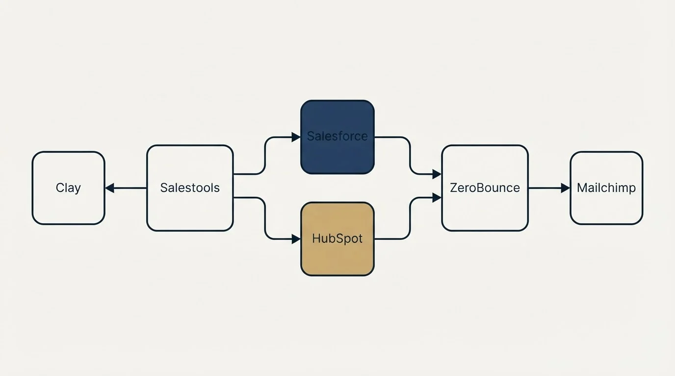 Integration schematic: Integration Ecosystem (Salestools, ZeroBounce, Salesforce, HubSpot)