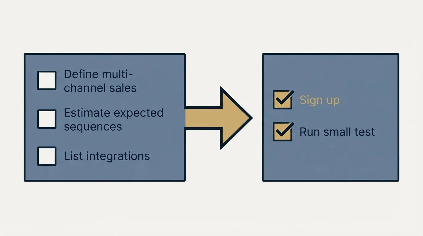 Before-and-after steps: Getting Started Checklist (Define multi-channel sales, Estimate expected sequences, List integrations, Sign up)