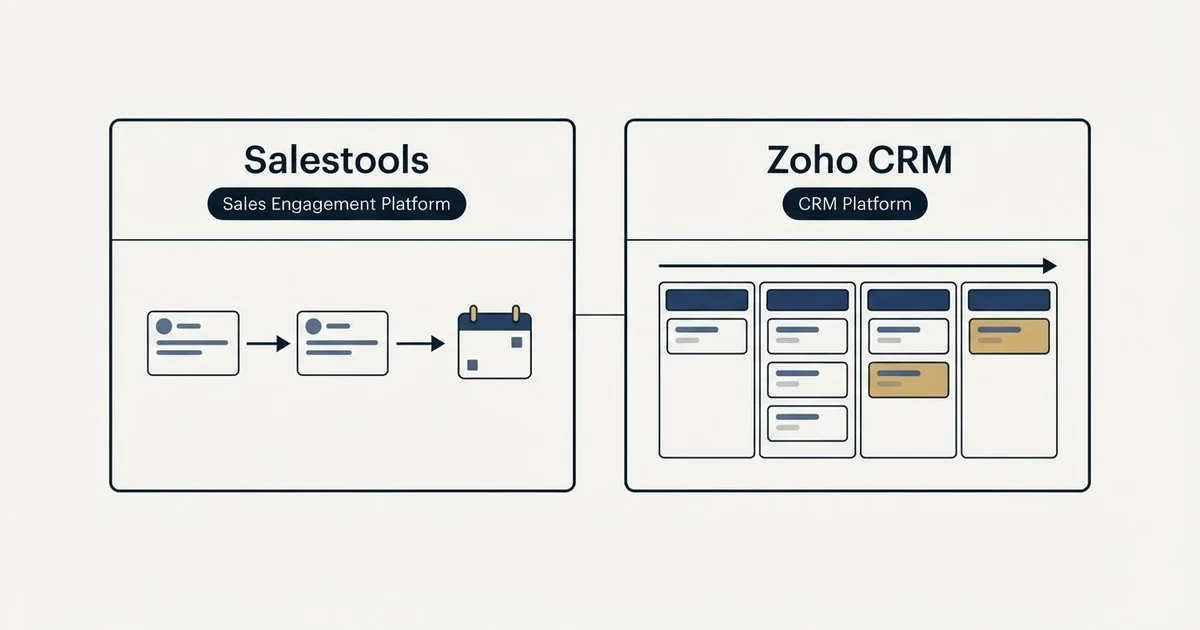 Side-by-side panels: Salestools vs Zoho CRM (Sales Engagement Platform, CRM Platform)
