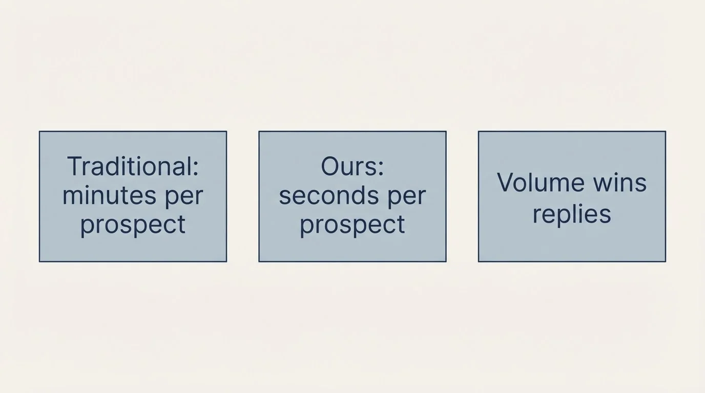 Schematic: Why This Works Better (Traditional: minutes per prospect, Ours: seconds per prospect, Volume wins replies)