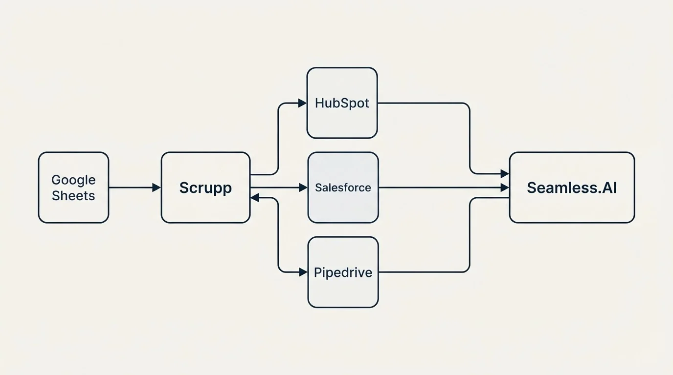 Integration schematic: Integration Ecosystem (Scrupp, Seamless.AI, HubSpot, Salesforce)