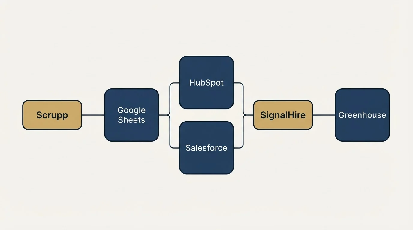 Integration flow: Integration Ecosystem (Scrupp, SignalHire, HubSpot, Salesforce)
