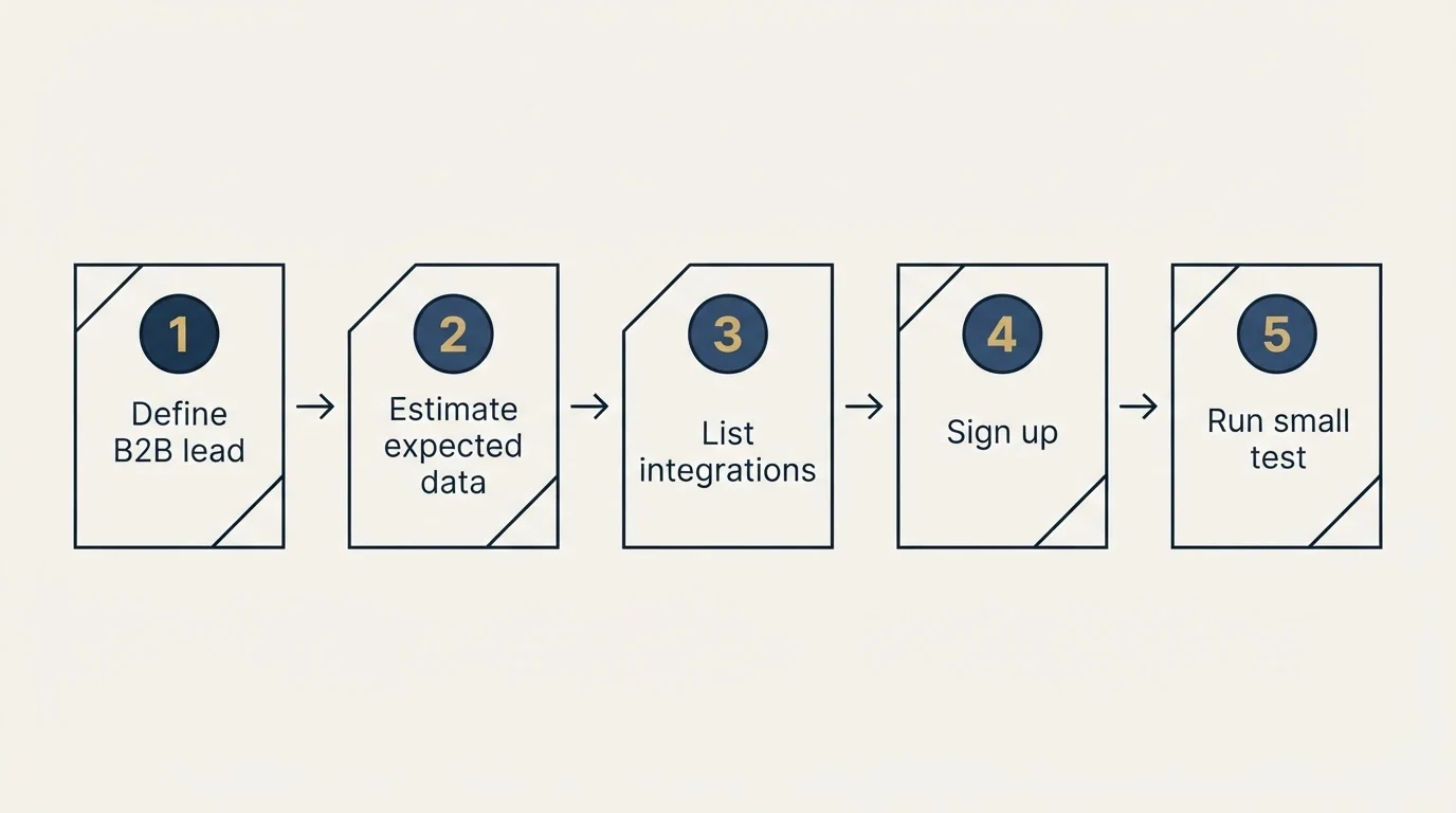 Step sequence: Getting Started Checklist (Define B2B lead, Estimate expected data, List integrations, Sign up)