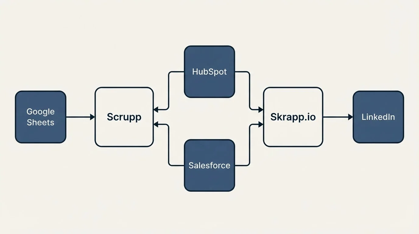 Integration flow: Integration Ecosystem (Scrupp, Skrapp.io, HubSpot, Salesforce)