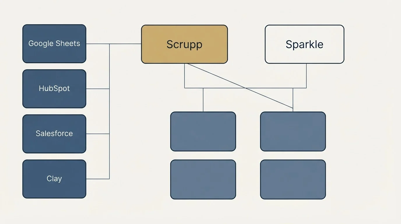 Integration grid: Integration Ecosystem (Scrupp, Sparkle, Google Sheets, HubSpot)