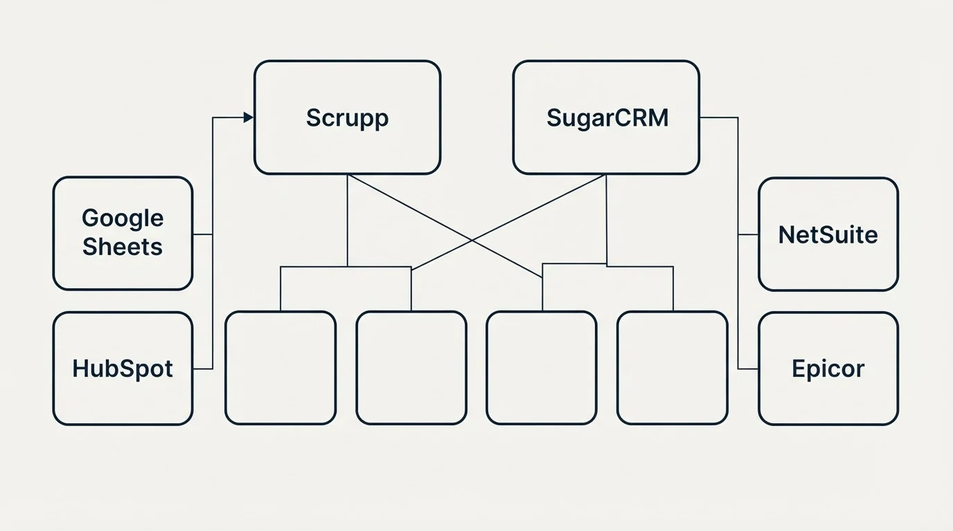 Integration grid: Integration Ecosystem (Scrupp, SugarCRM, Google Sheets, NetSuite)
