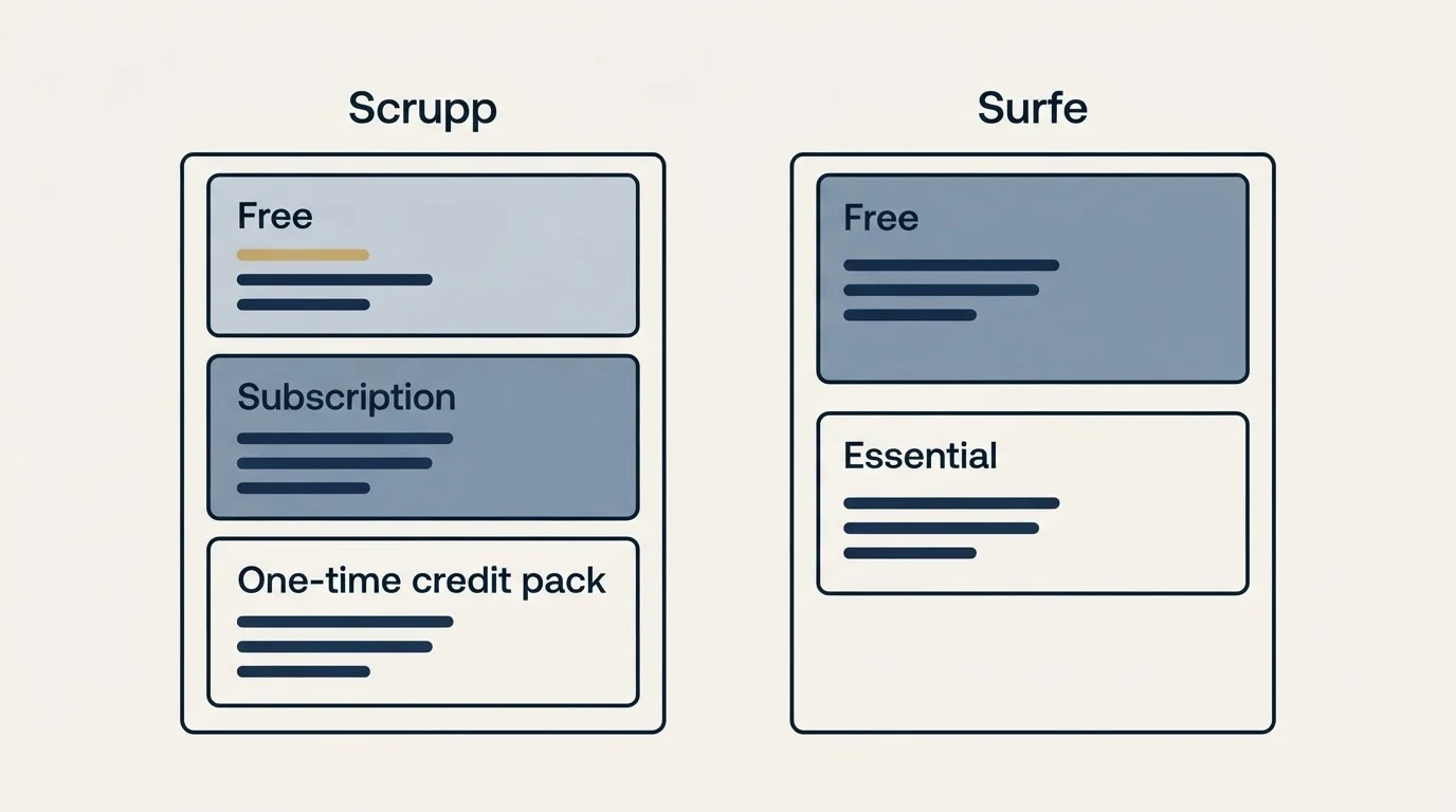 Pricing panels: Pricing Comparison (Scrupp, Surfe, Free, Subscription)