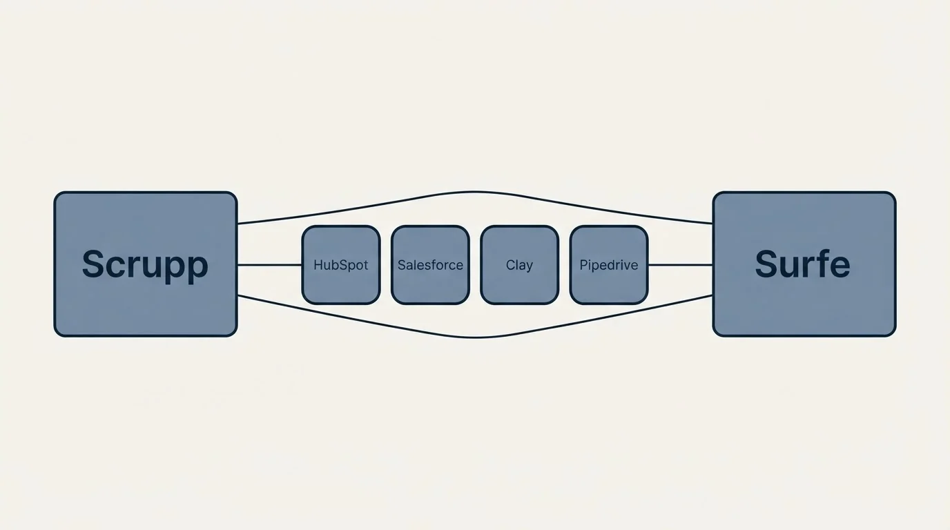 Integration schematic: Integration Ecosystem (Scrupp, Surfe, HubSpot, Salesforce)