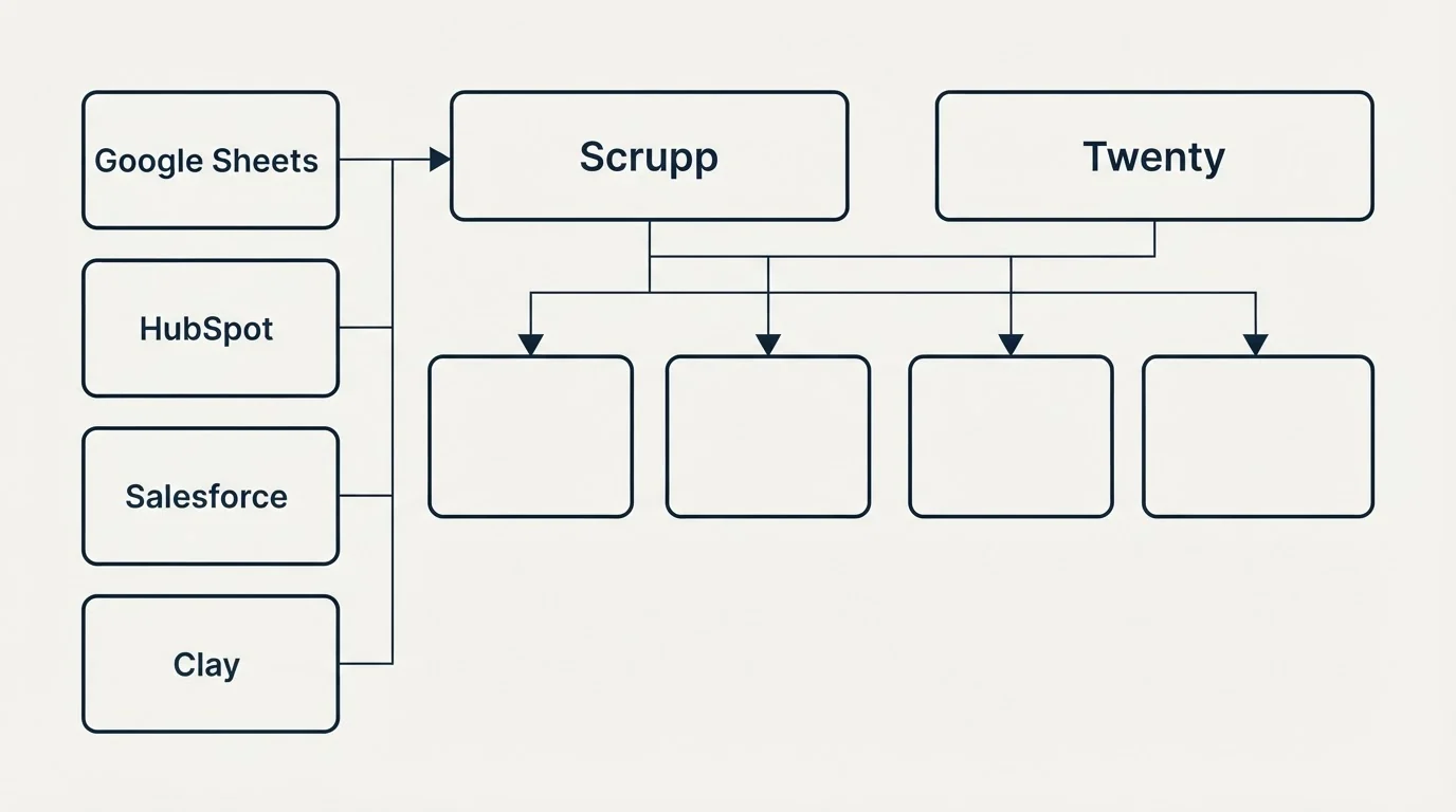 Integration grid: Integration Ecosystem (Scrupp, Twenty, Google Sheets, HubSpot)