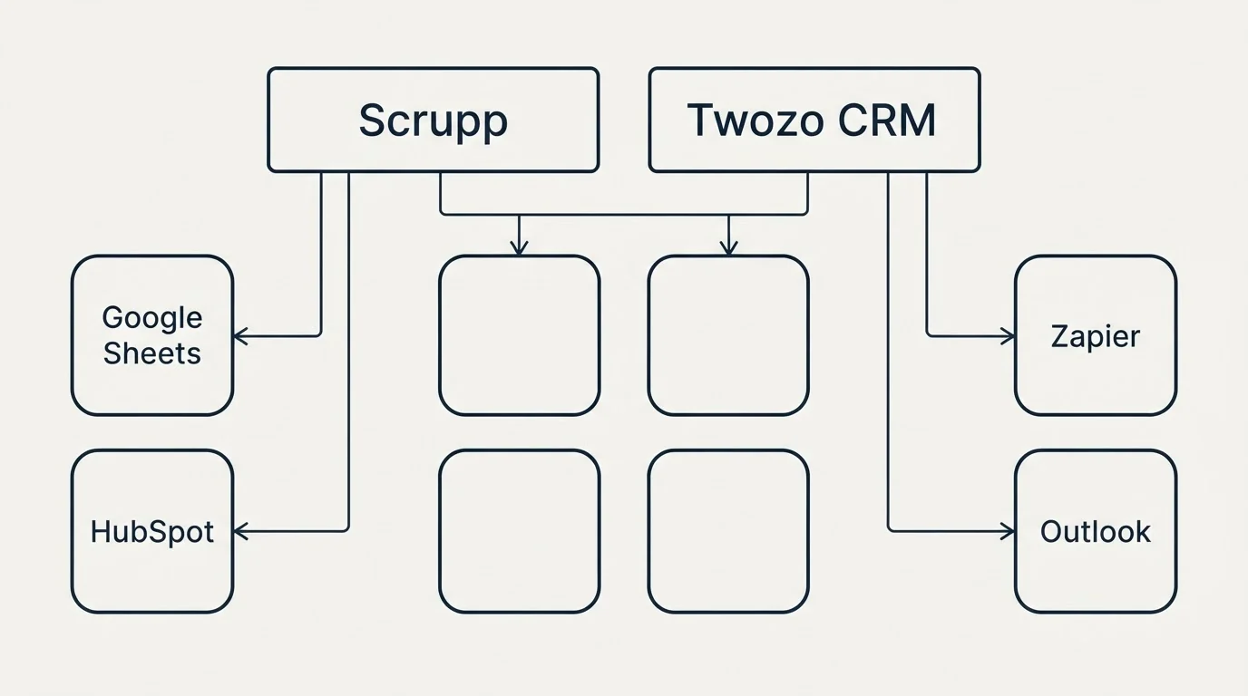 Integration grid: Integration Ecosystem (Scrupp, Twozo CRM, Google Sheets, Zapier)