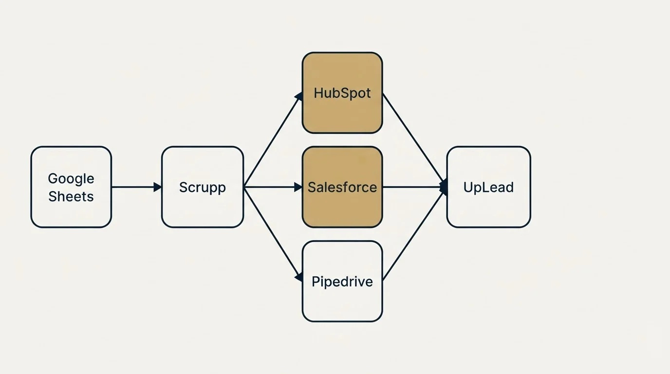 Integration schematic: Integration Ecosystem (Scrupp, UpLead, HubSpot, Salesforce)
