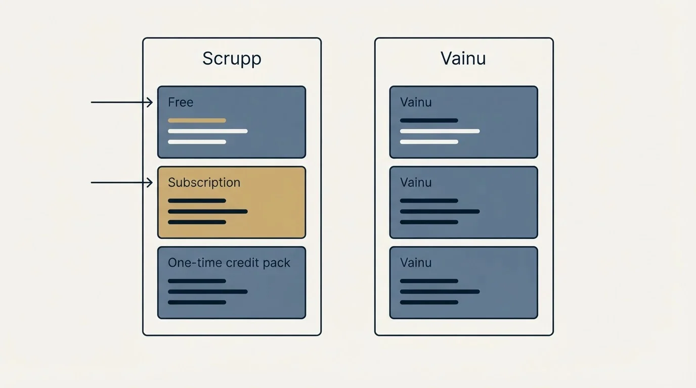 Pricing panels: Pricing Comparison (Scrupp, Vainu, Free, Subscription)