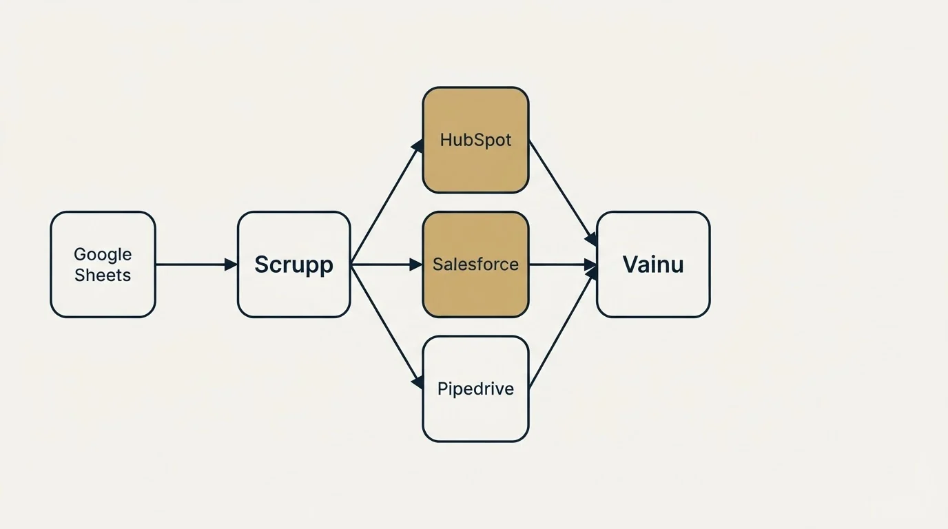 Integration flow: Integration Ecosystem (Scrupp, Vainu, HubSpot, Salesforce)