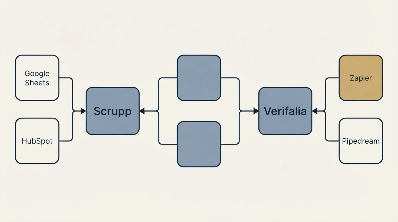 Integration schematic: Integration Ecosystem (Scrupp, Verifalia, Google Sheets, Zapier)