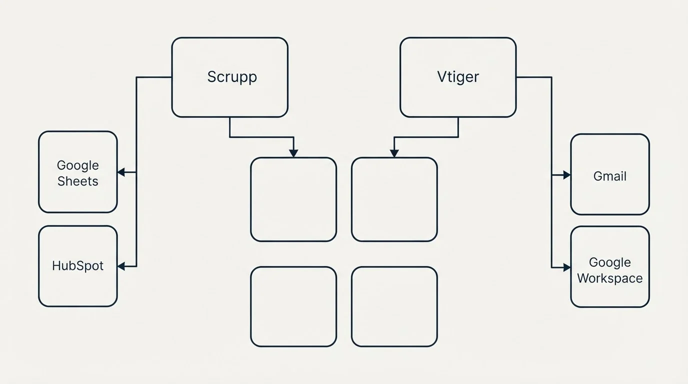Integration grid: Integration Ecosystem (Scrupp, Vtiger, Google Sheets, Gmail)