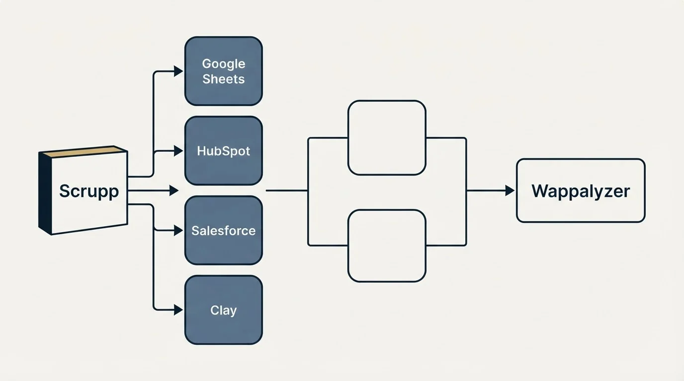 Integration flow: Integration Ecosystem (Scrupp, Wappalyzer, Google Sheets, HubSpot)