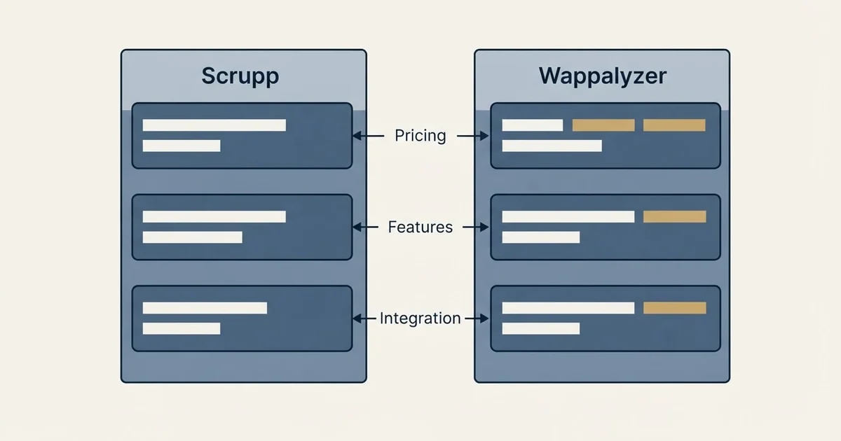 Comparison panel: Scrupp vs Wappalyzer (Pricing, Features, Integration)