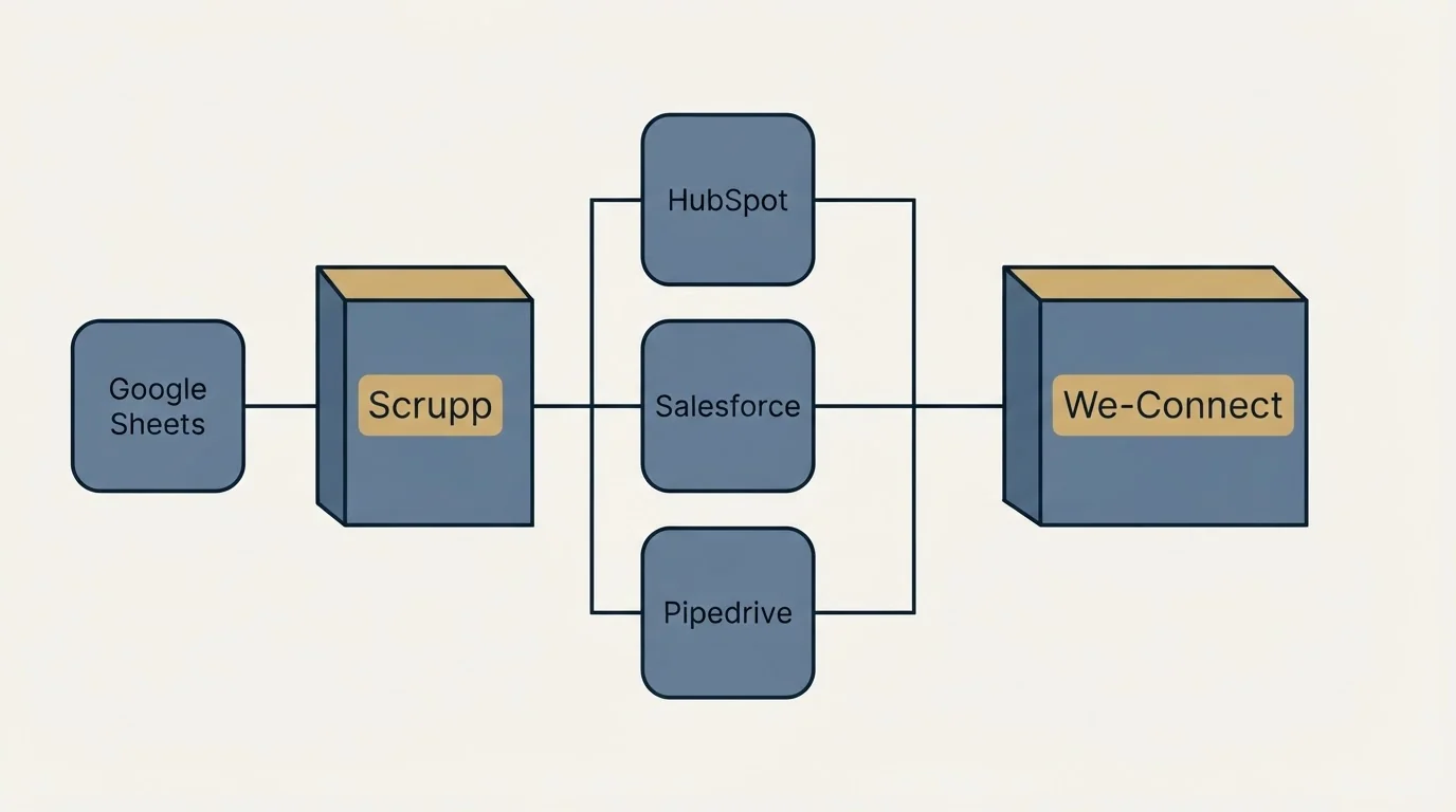 Integration flow: Integration Ecosystem (Scrupp, We-Connect, HubSpot, Salesforce)