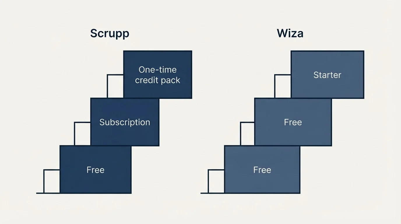 Pricing ladder: Pricing Comparison (Scrupp, Wiza, Free, Subscription)