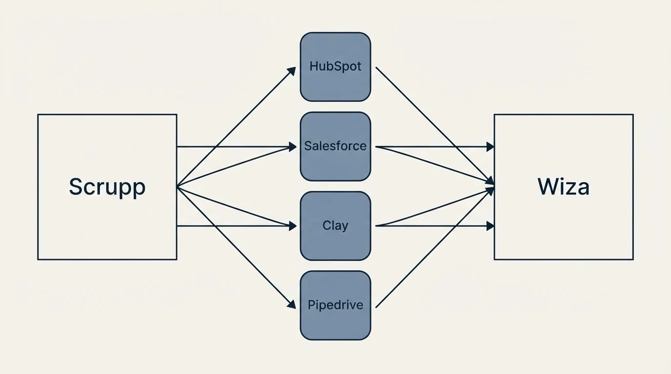 Integration flow: Integration Ecosystem (Scrupp, Wiza, HubSpot, Salesforce)