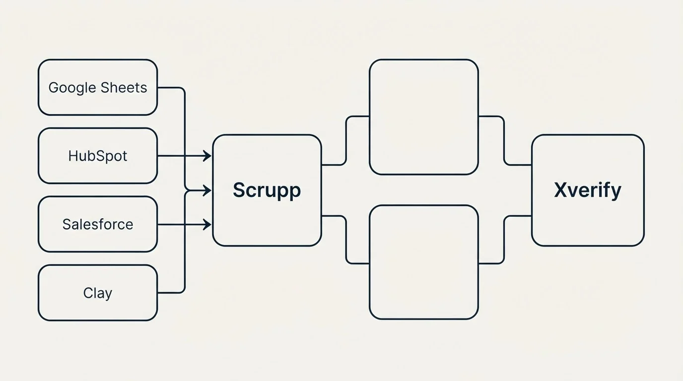 Integration flow: Integration Ecosystem (Scrupp, Xverify, Google Sheets, HubSpot)