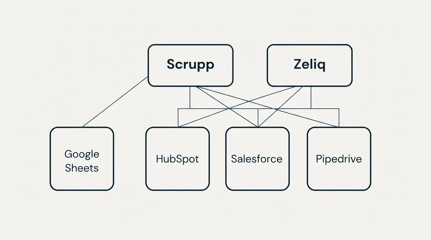 Integration grid: Integration Ecosystem (Scrupp, Zeliq, HubSpot, Salesforce)