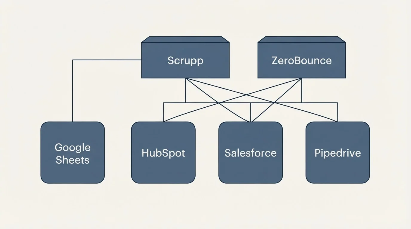 Integration grid: Integration Ecosystem (Scrupp, ZeroBounce, HubSpot, Salesforce)