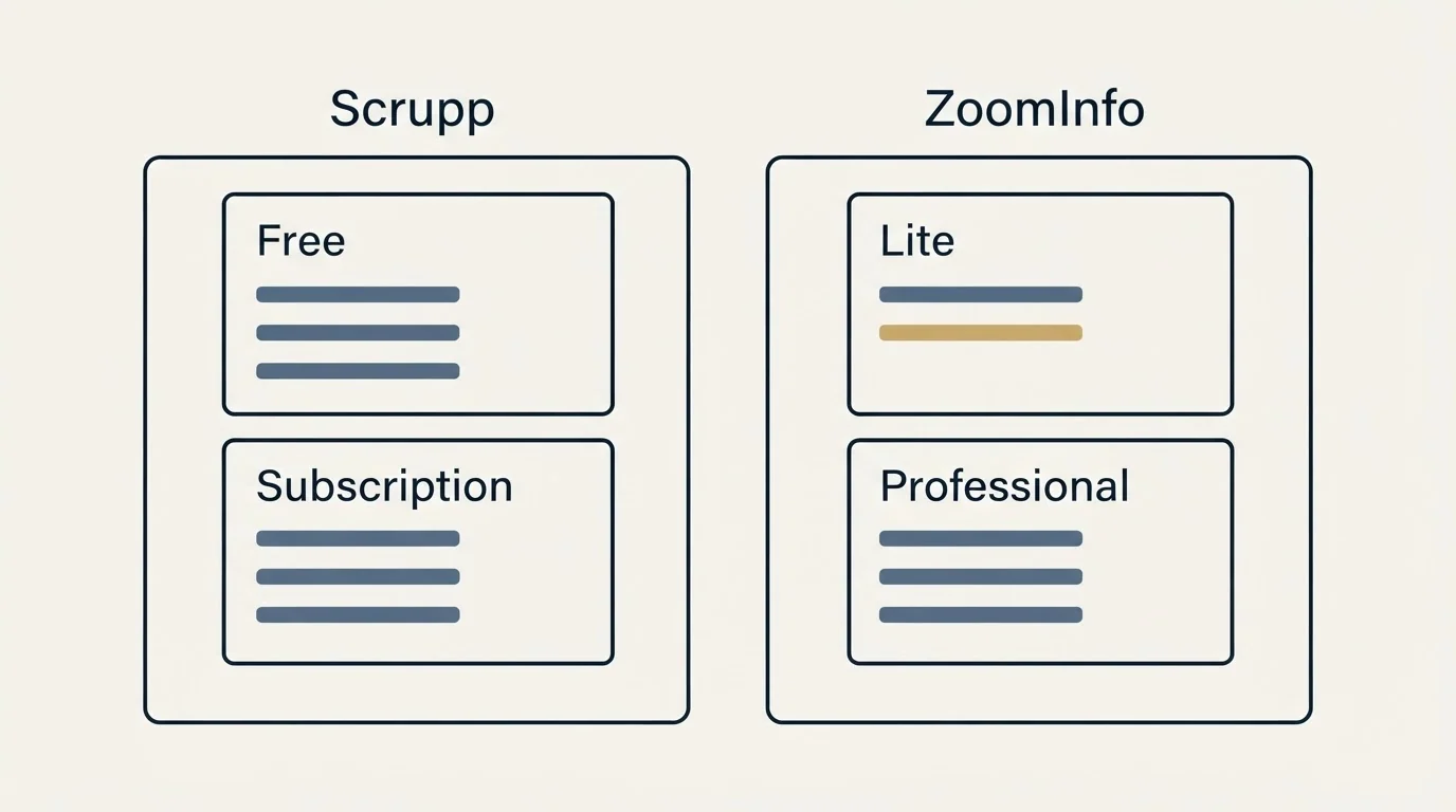 Pricing panels: Pricing Comparison (Scrupp, ZoomInfo, Free, Lite)