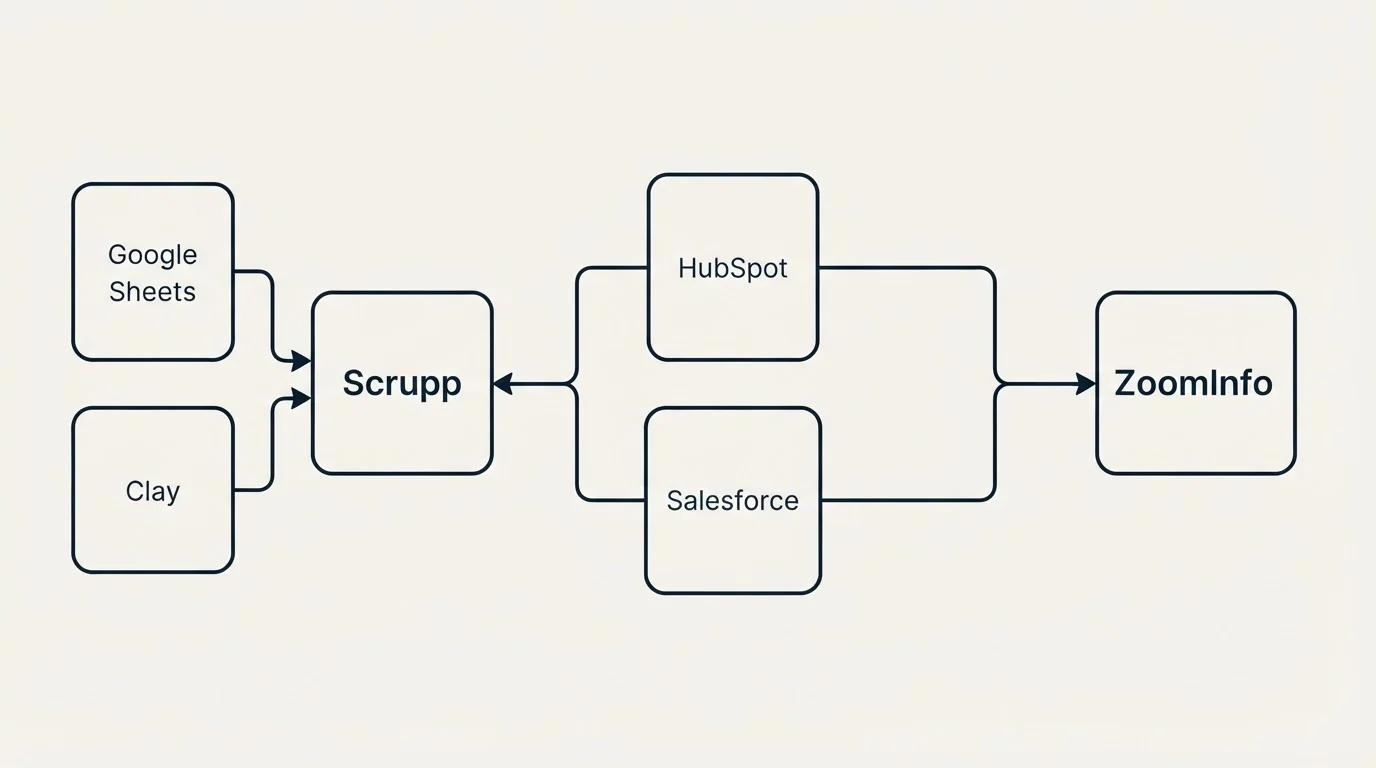 Integration schematic: Integration Ecosystem (Scrupp, ZoomInfo, HubSpot, Salesforce)