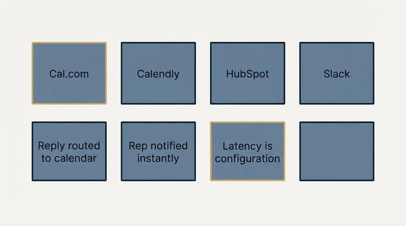 Schematic: Book (Cal.com, Calendly, HubSpot, Slack, Reply routed to calendar, Rep notified instantly, Latency is configuration)