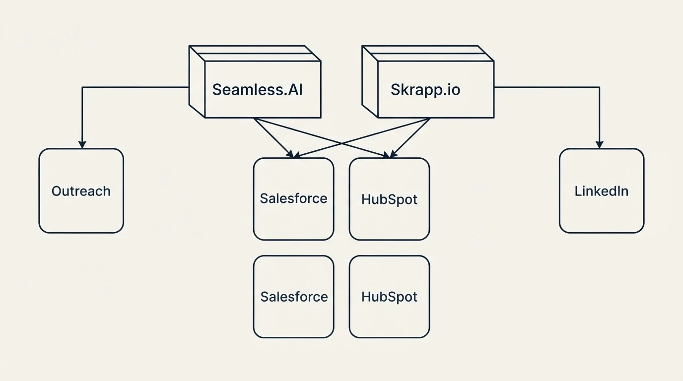 Integration grid: Integration Ecosystem (Seamless.AI, Skrapp.io, Salesforce, HubSpot)