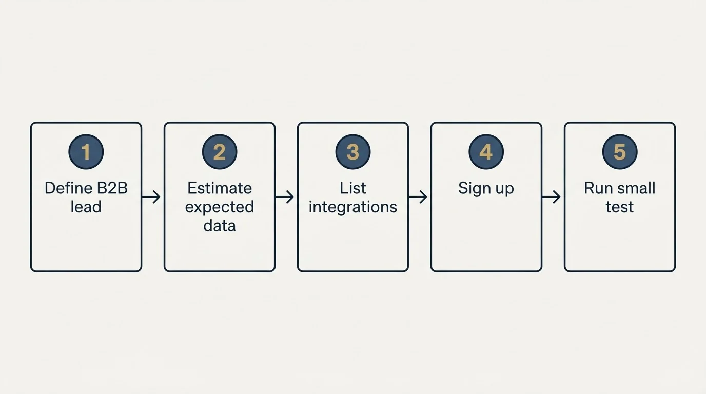 Step sequence: Getting Started Checklist (Define B2B lead, Estimate expected data, List integrations, Sign up)