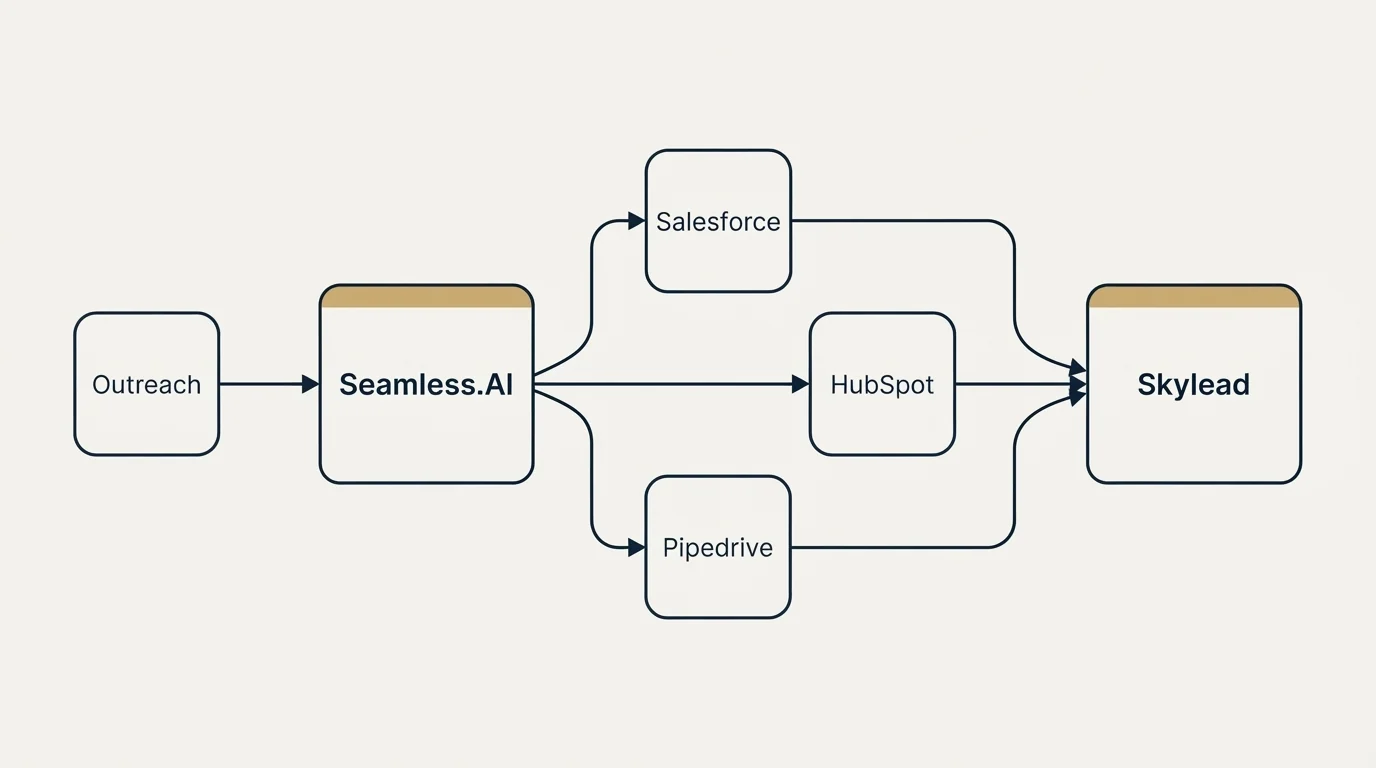 Integration schematic: Integration Ecosystem (Seamless.AI, Skylead, Salesforce, HubSpot)