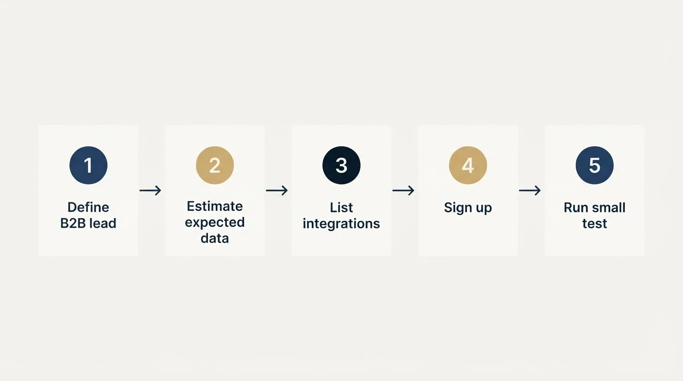 Step sequence: Getting Started Checklist (Define B2B lead, Estimate expected data, List integrations, Sign up)