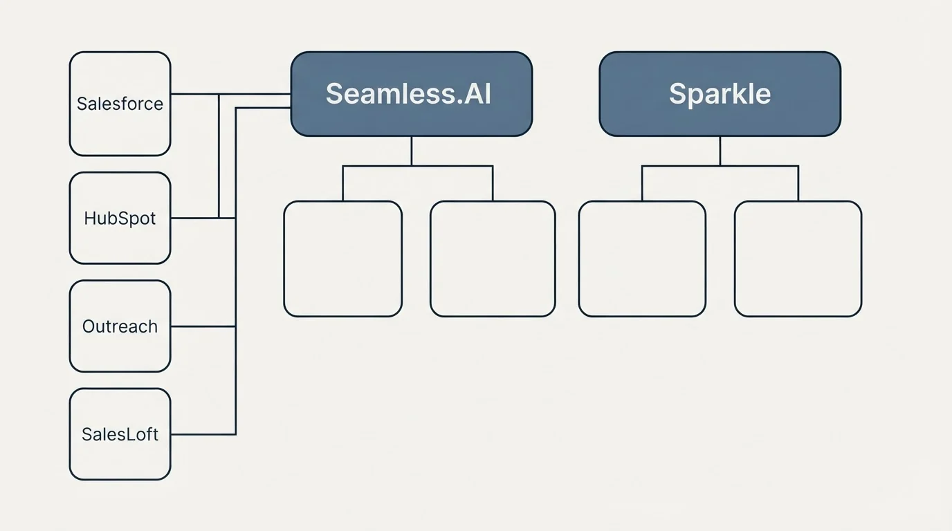 Integration grid: Integration Ecosystem (Seamless.AI, Sparkle, Salesforce, HubSpot)