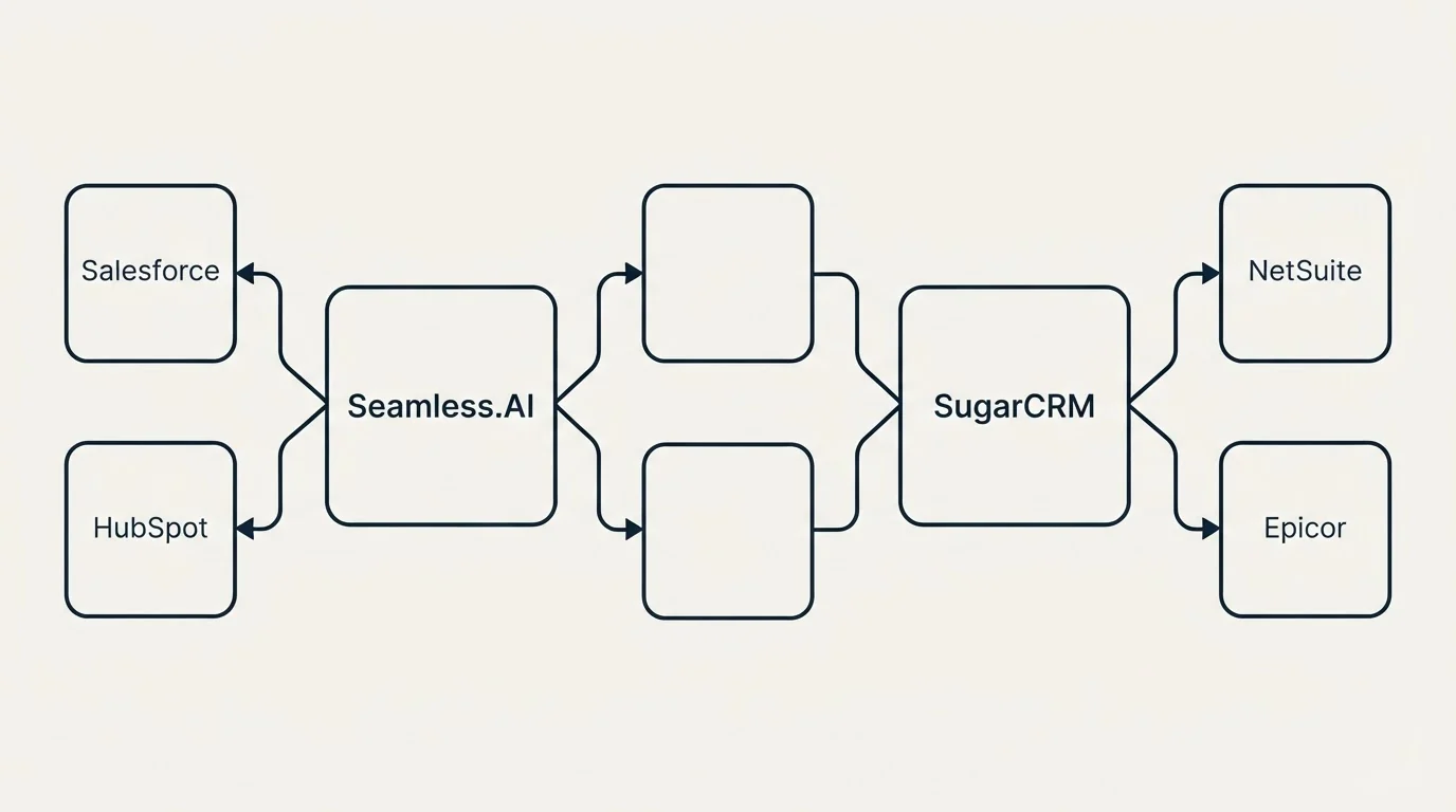 Integration schematic: Integration Ecosystem (Seamless.AI, SugarCRM, Salesforce, NetSuite)