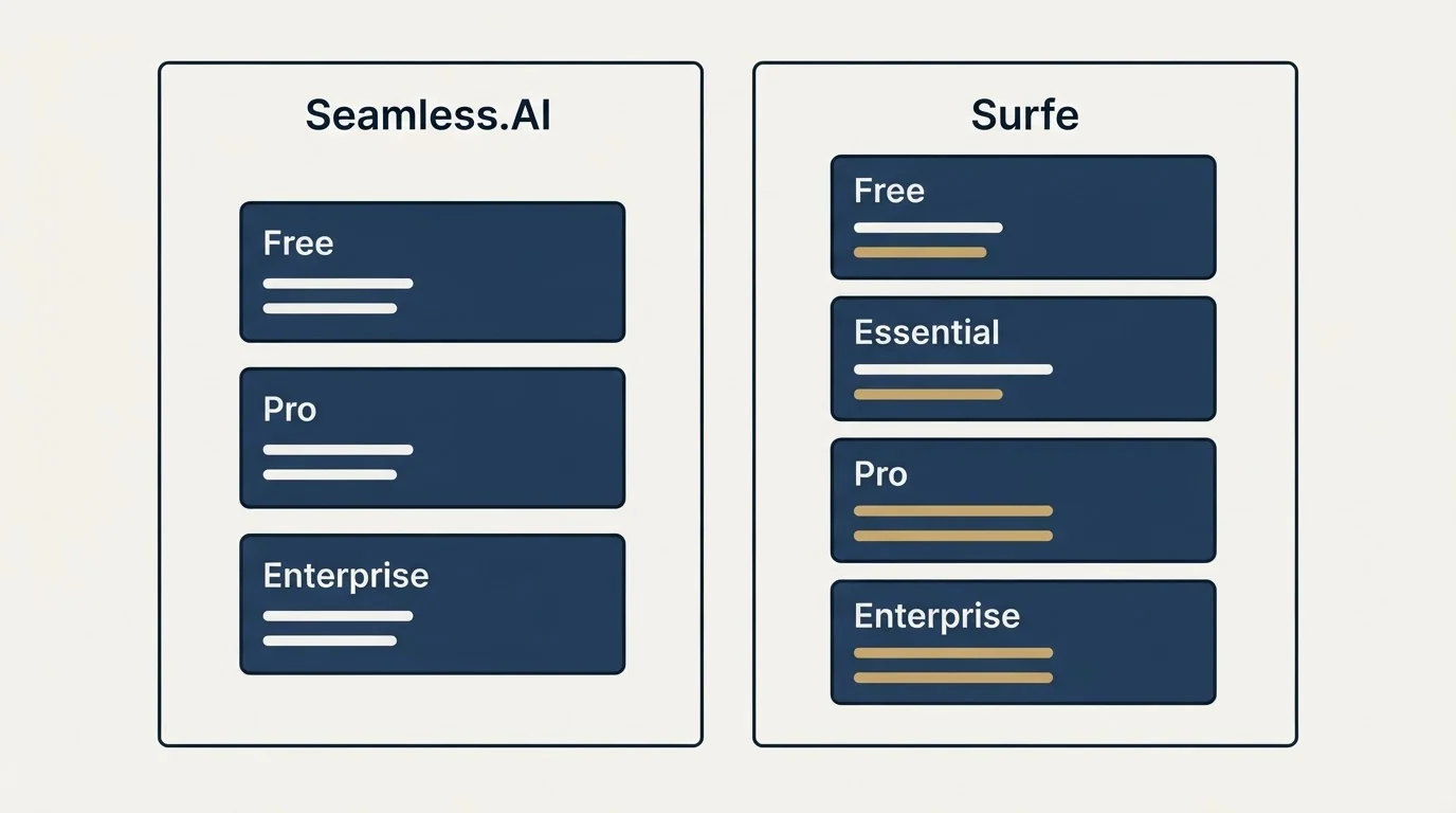 Pricing panels: Pricing Comparison (Seamless.AI, Surfe, Free, Pro)