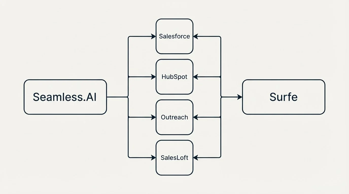 Integration flow: Integration Ecosystem (Seamless.AI, Surfe, Salesforce, HubSpot)