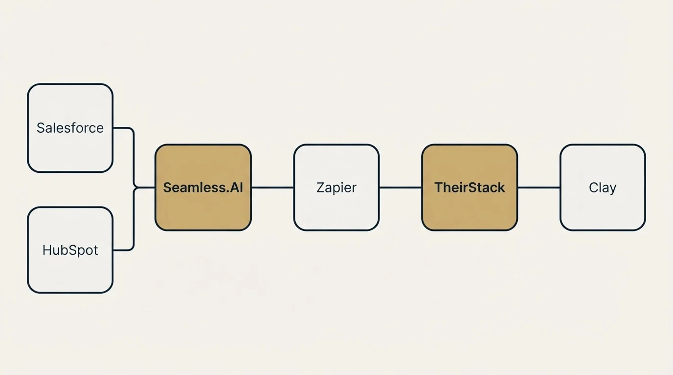 Integration flow: Integration Ecosystem (Seamless.AI, TheirStack, Zapier, Salesforce)