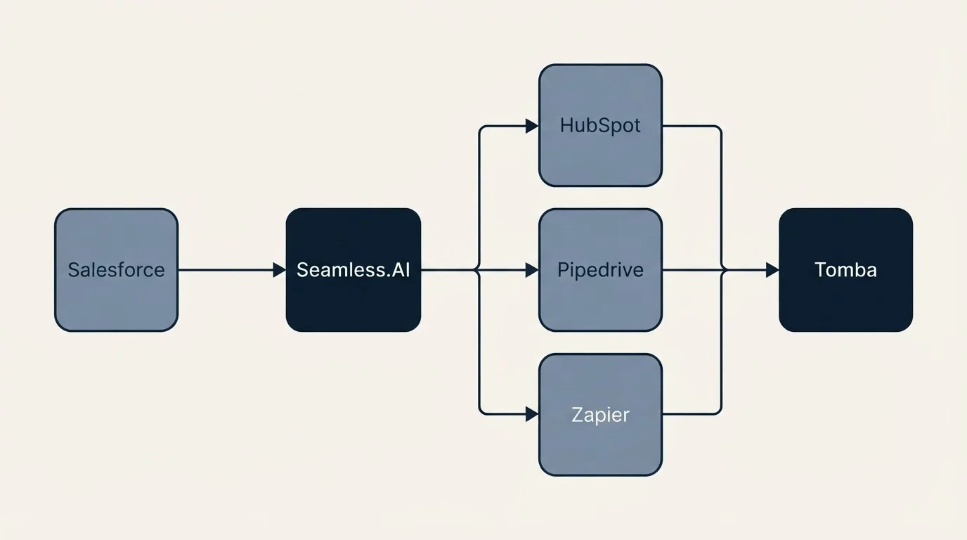 Integration flow: Integration Ecosystem (Seamless.AI, Tomba, HubSpot, Pipedrive)